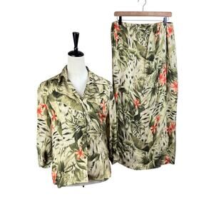 Josephine Chaus Womens 2 Piece Green Tropical Floral Print Silk Matching Set